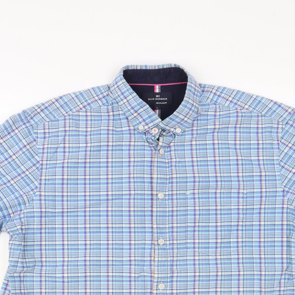 Blue Harbour Mens Blue Plaid Cotton Button-Up Size L Collared Button