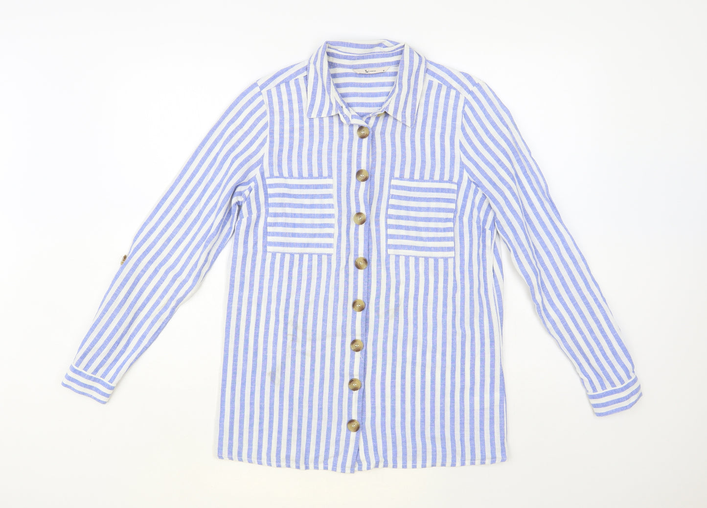 TU Womens Blue Striped Cotton Basic Button-Up Size 10 Collared