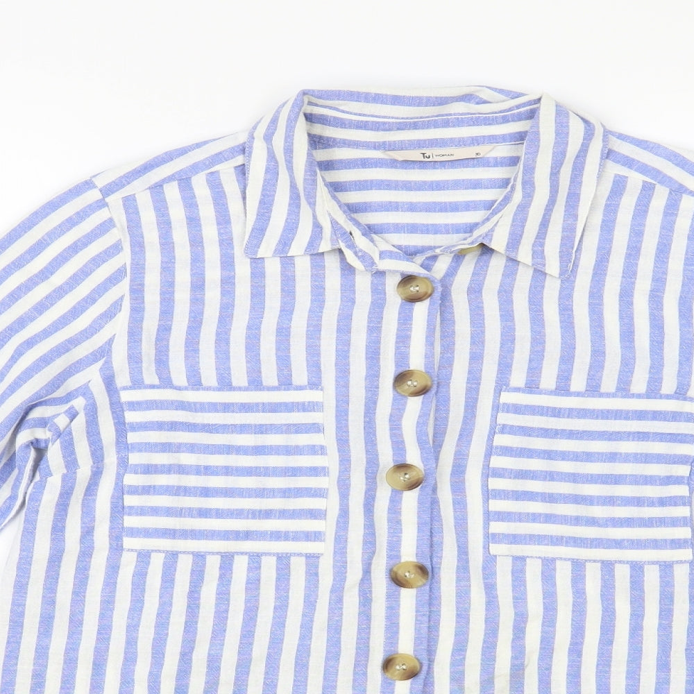 TU Womens Blue Striped Cotton Basic Button-Up Size 10 Collared