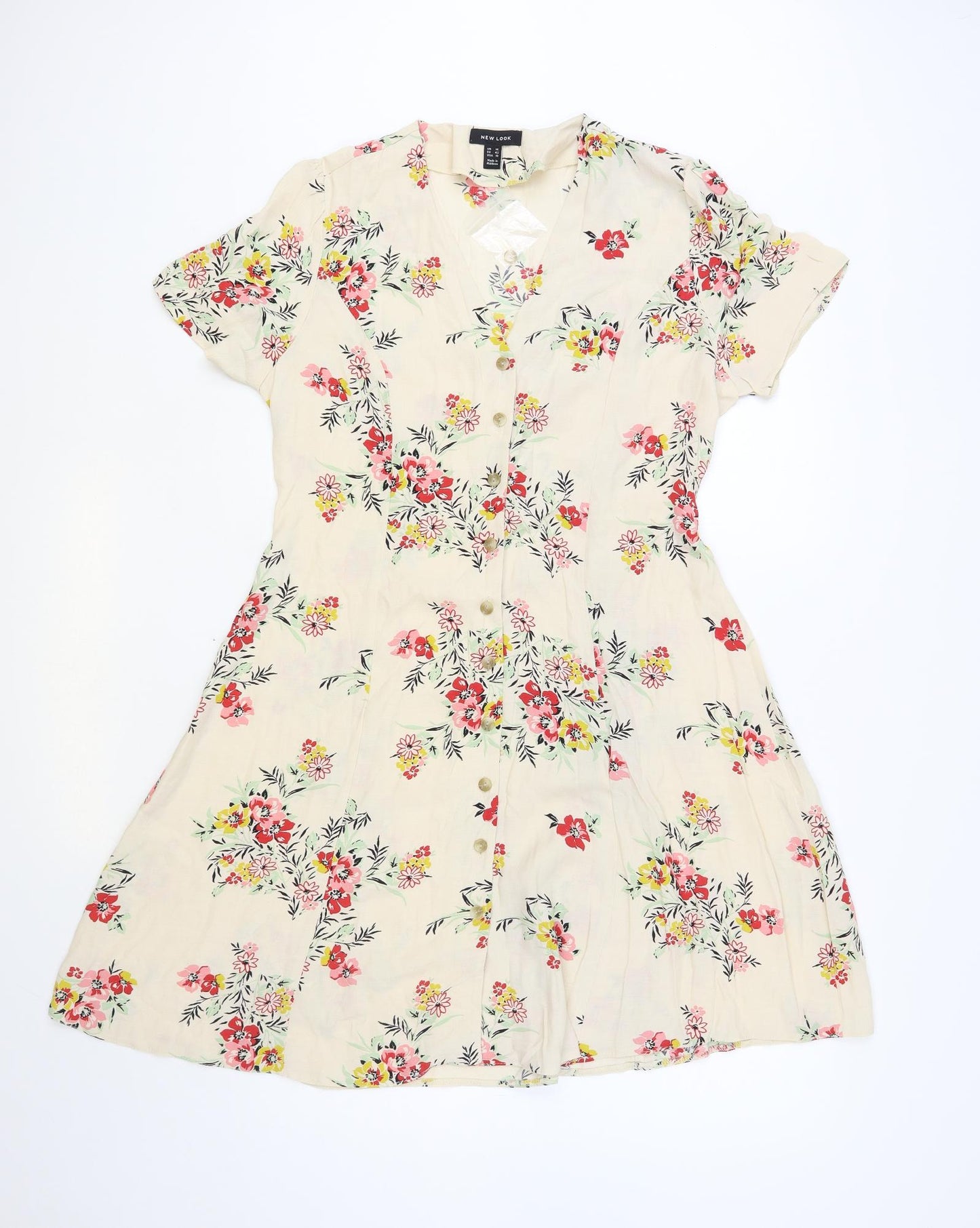 New Look Womens Beige Floral Viscose Fit & Flare Size 14 V-Neck Button