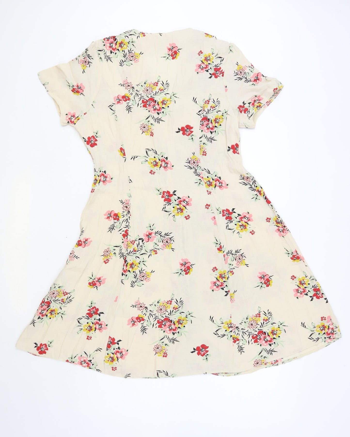 New Look Womens Beige Floral Viscose Fit & Flare Size 14 V-Neck Button