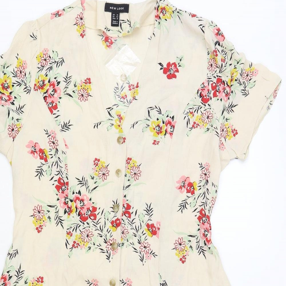 New Look Womens Beige Floral Viscose Fit & Flare Size 14 V-Neck Button
