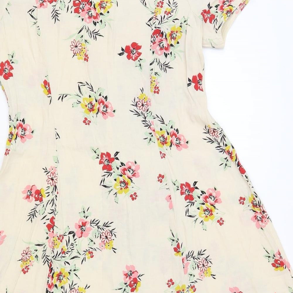 New Look Womens Beige Floral Viscose Fit & Flare Size 14 V-Neck Button