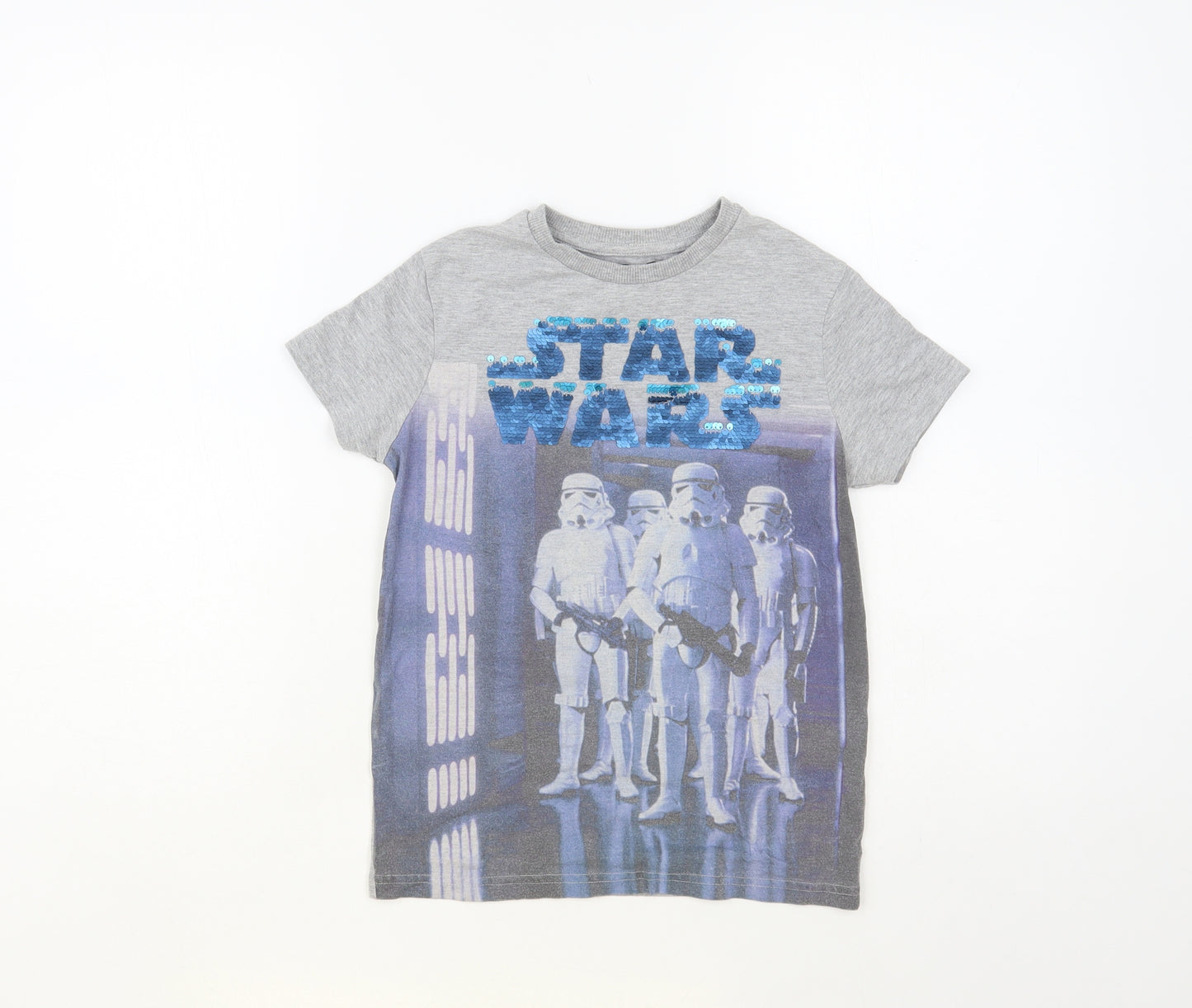 Marks and Spencer Boys Grey Cotton Pullover T-Shirt Size 7-8 Years Crew Neck Pullover - Star Wars