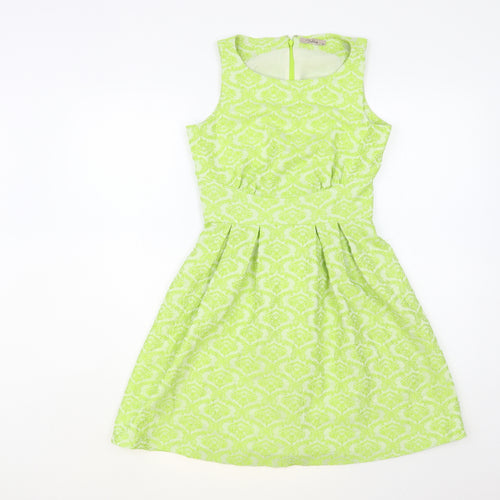 Darling Womens Green Geometric Polyester Fit & Flare Size XS Boat Neck Zip