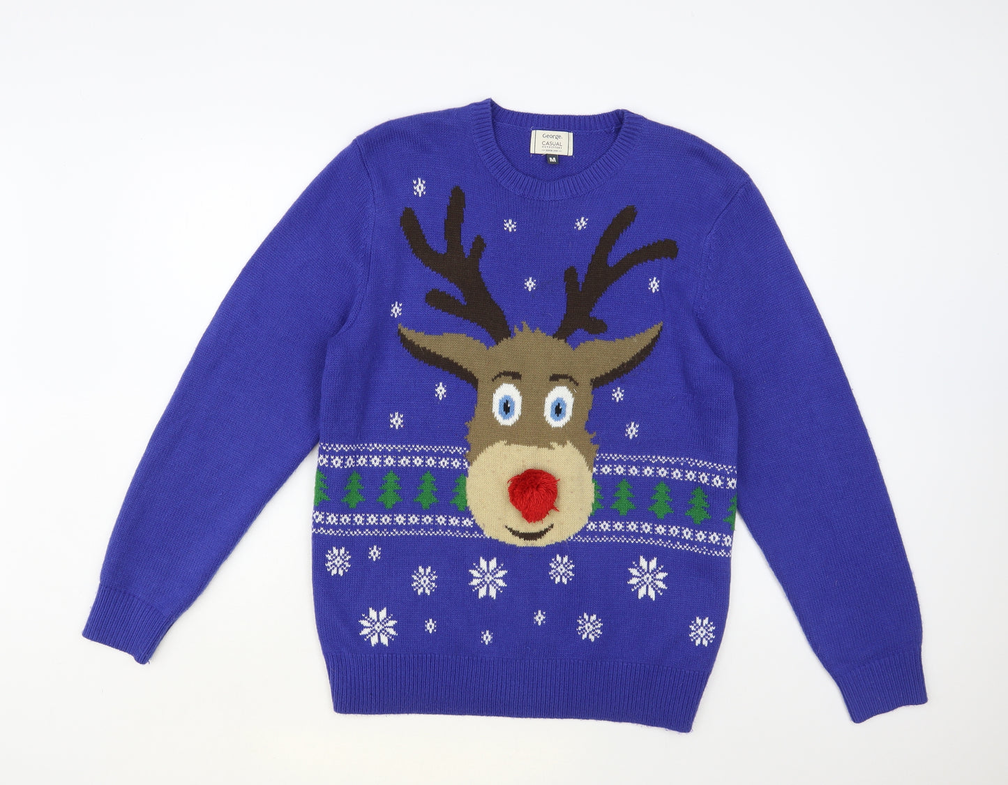George Mens Blue Crew Neck Acrylic Pullover Jumper Size M - Christmas Reindeer
