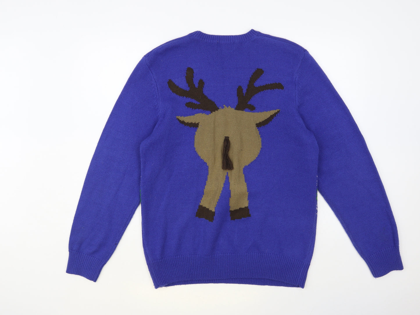 George Mens Blue Crew Neck Acrylic Pullover Jumper Size M - Christmas Reindeer