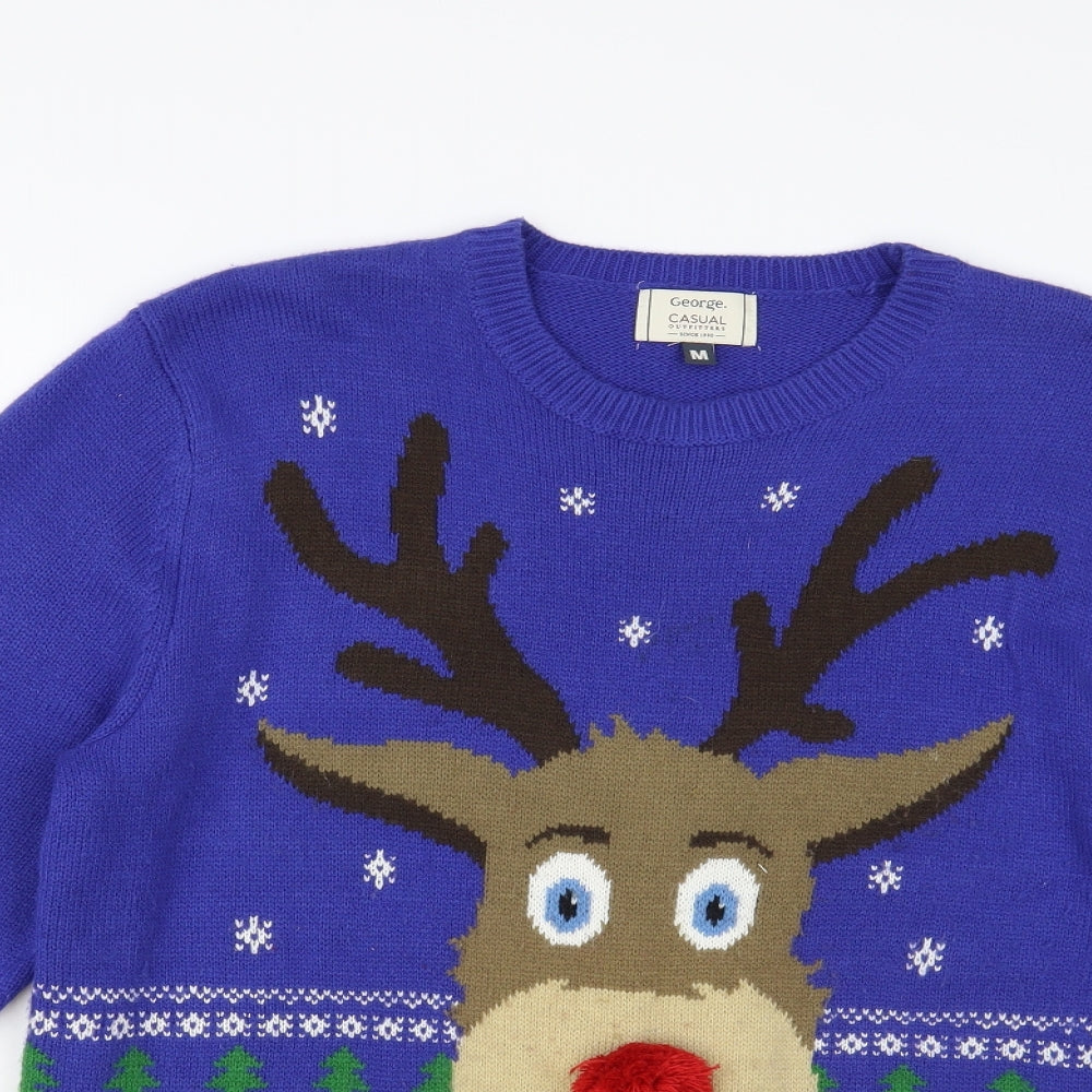 George Mens Blue Crew Neck Acrylic Pullover Jumper Size M - Christmas Reindeer