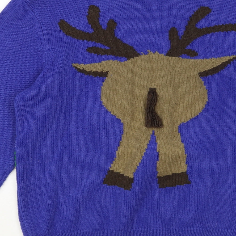 George Mens Blue Crew Neck Acrylic Pullover Jumper Size M - Christmas Reindeer
