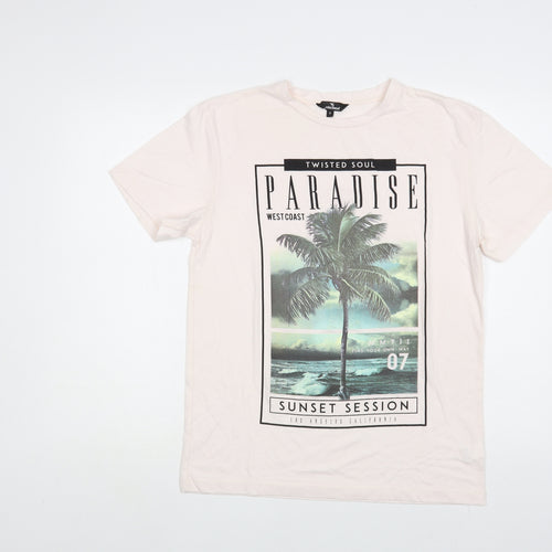Twisted Soul Mens Pink Cotton T-Shirt Size S Crew Neck - Paradise