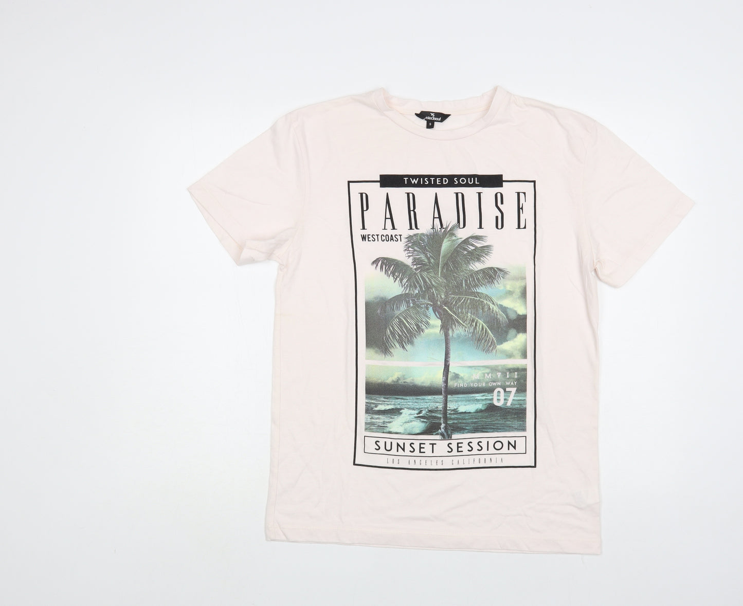 Twisted Soul Mens Pink Cotton T-Shirt Size S Crew Neck - Paradise