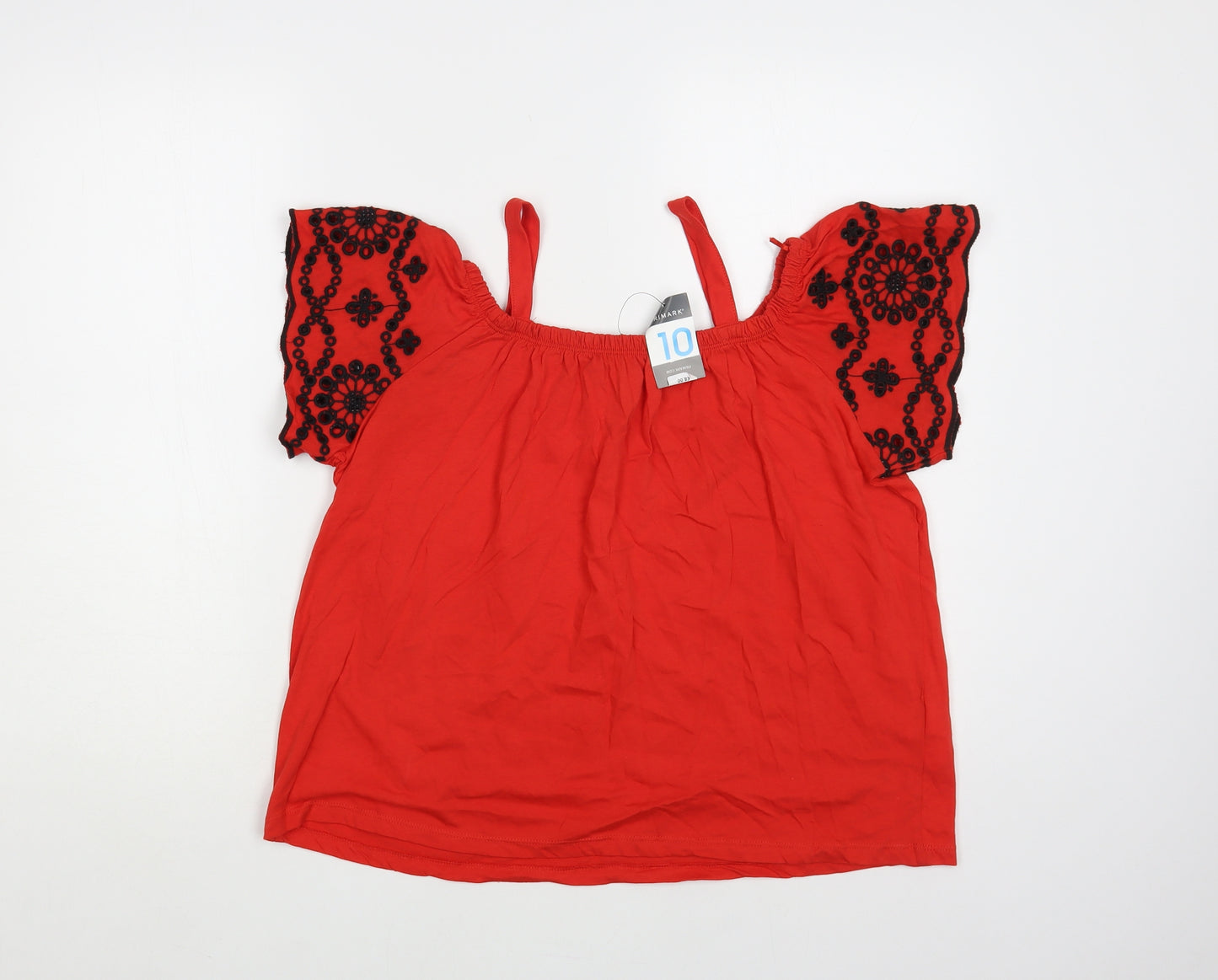 Primark Womens Red Floral Cotton Basic Blouse Size 10 Off the Shoulder
