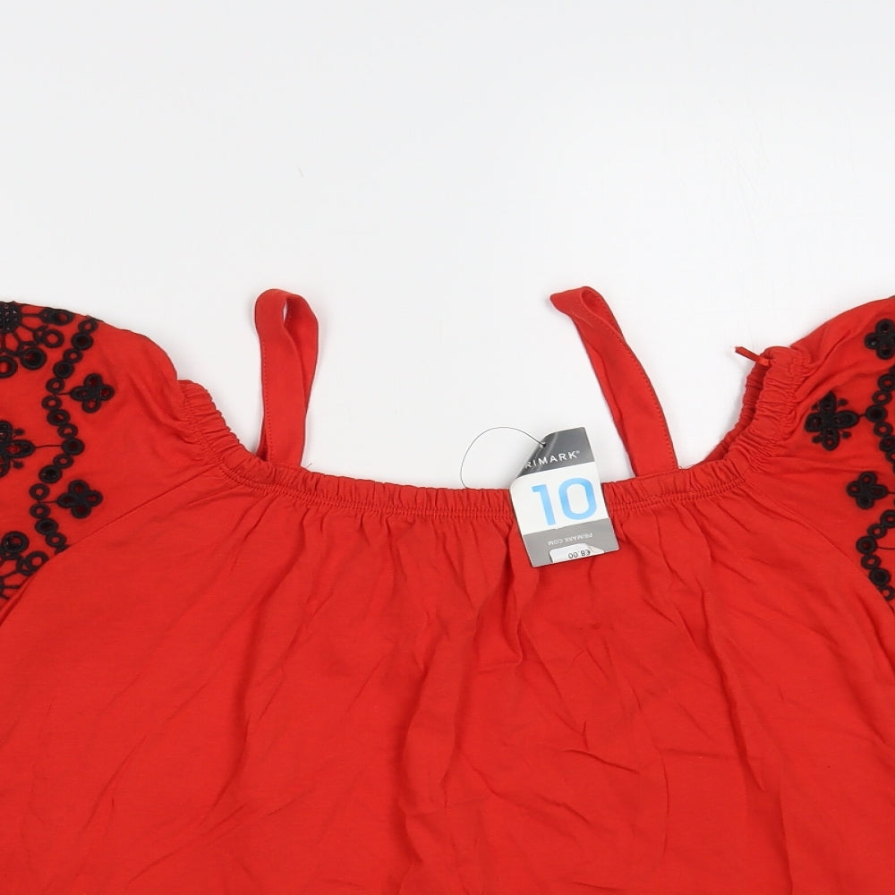 Primark Womens Red Floral Cotton Basic Blouse Size 10 Off the Shoulder