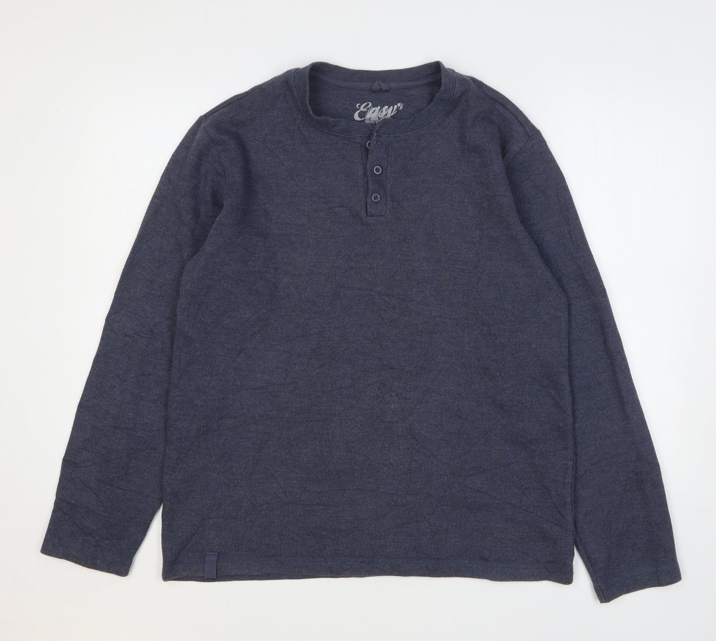 Easy Mens Blue Cotton T-Shirt Size L Henley