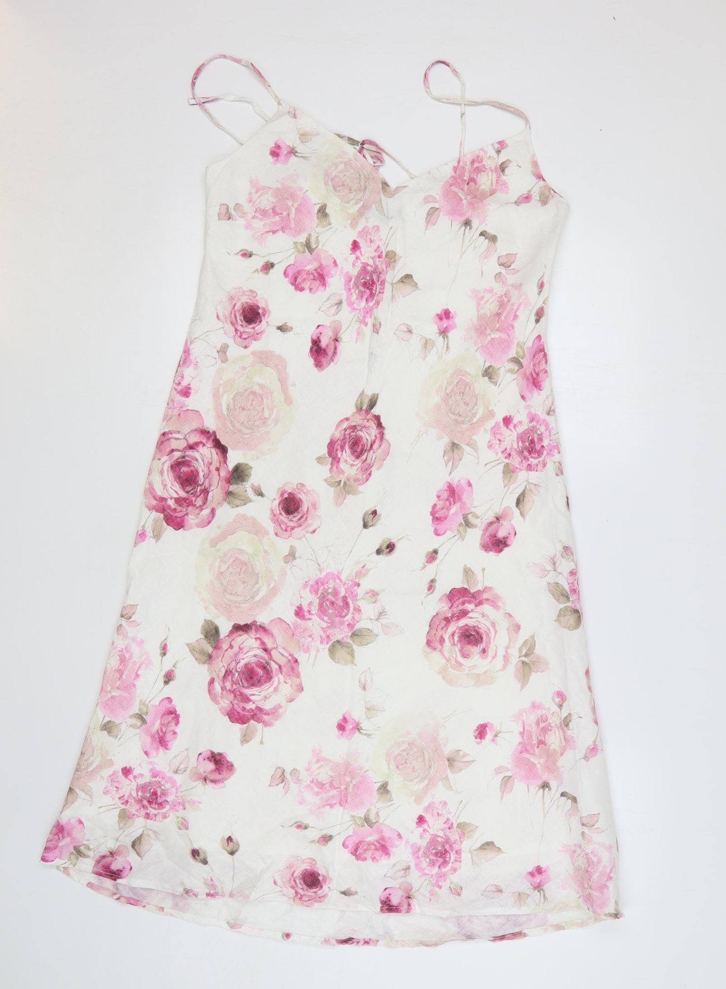 Coast Womens White Floral Linen A-Line Size 14 V-Neck Pullover