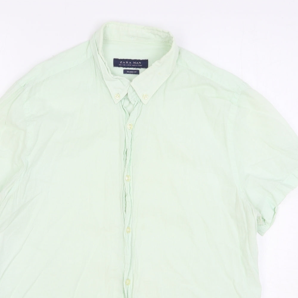 Zara Mens Green Cotton Button-Up Size L Collared Button