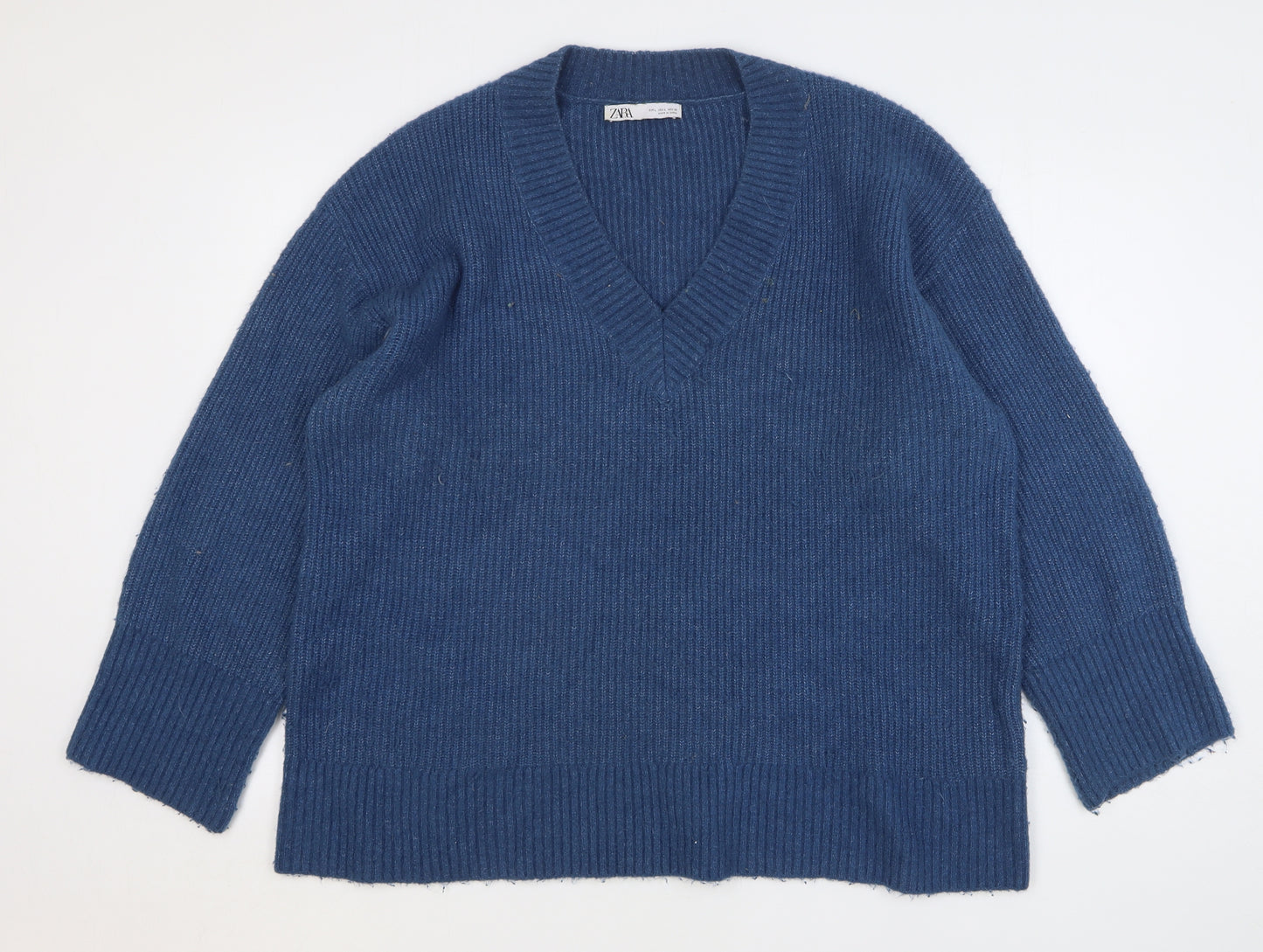 Zara Womens Blue V-Neck Polyester Pullover Jumper Size L