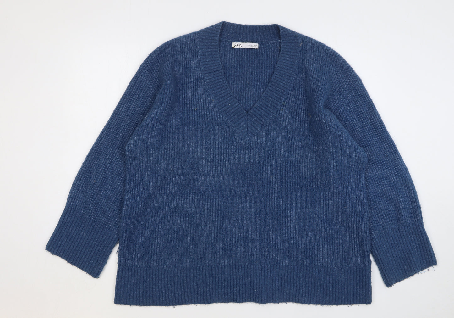 Zara Womens Blue V-Neck Polyester Pullover Jumper Size L