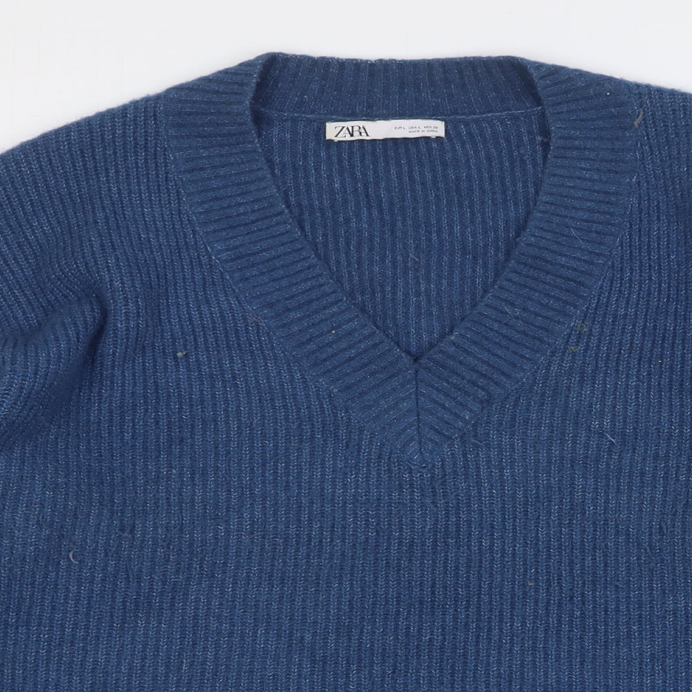 Zara Womens Blue V-Neck Polyester Pullover Jumper Size L