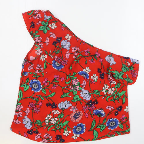 New Look Womens Red Floral Polyester Basic Blouse Size 14 One Shoulder