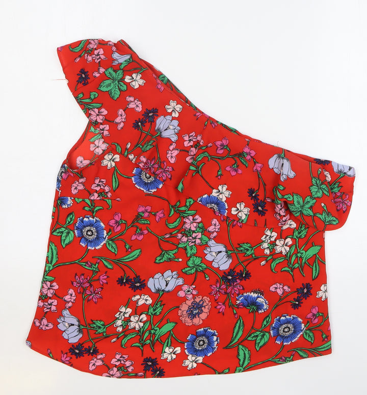 New Look Womens Red Floral Polyester Basic Blouse Size 14 One Shoulder