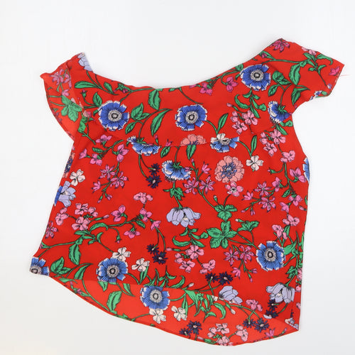 New Look Womens Red Floral Polyester Basic Blouse Size 14 One Shoulder