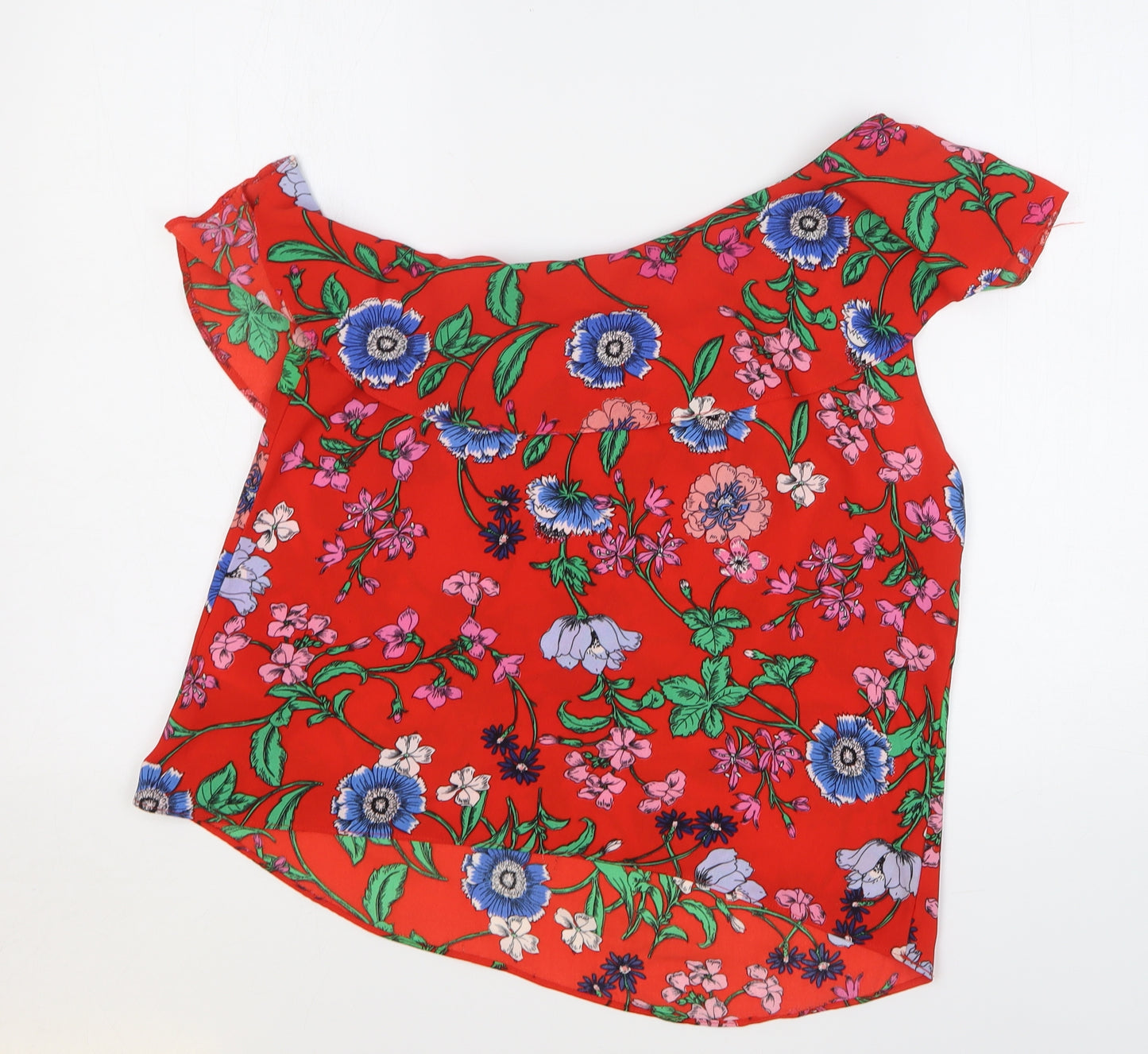 New Look Womens Red Floral Polyester Basic Blouse Size 14 One Shoulder