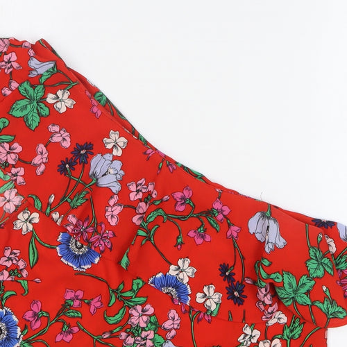 New Look Womens Red Floral Polyester Basic Blouse Size 14 One Shoulder