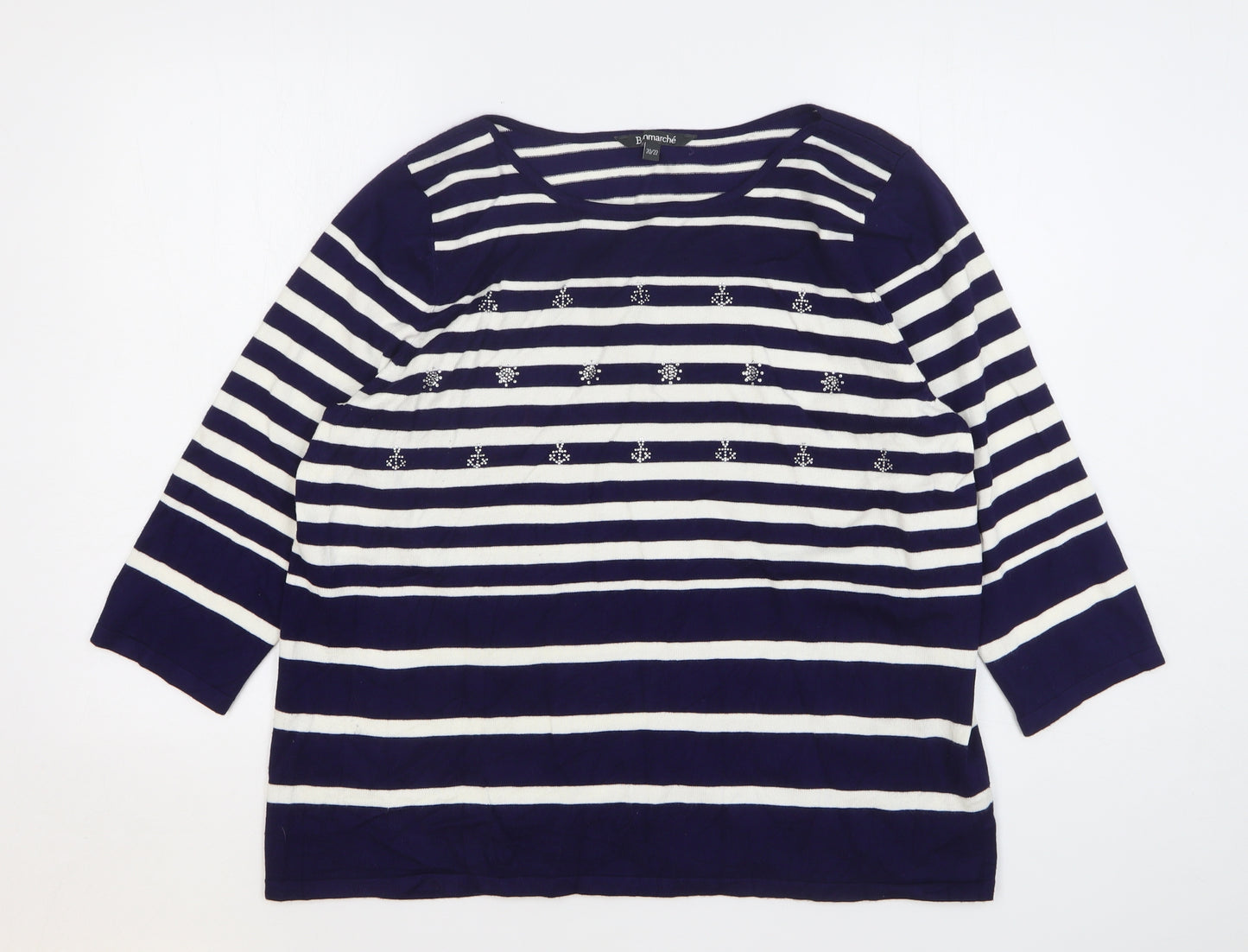 Bonmarche Womens Blue Round Neck Striped Viscose Pullover Jumper Size 20