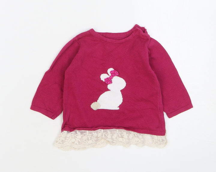 Nutmeg Girls Pink Cotton Pullover Jumper Size 0-3 Months Button - Rabbit
