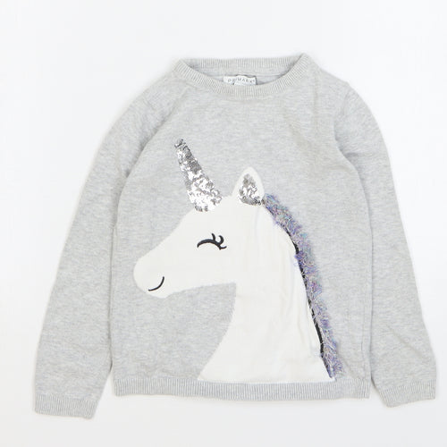 Primark Girls Grey Round Neck Cotton Pullover Jumper Size 6-7 Years Pullover - Unicorn