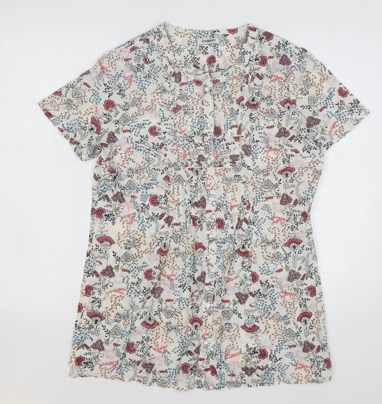Damart Womens Multicoloured Floral Cotton Basic Button-Up Size 12 V-Neck