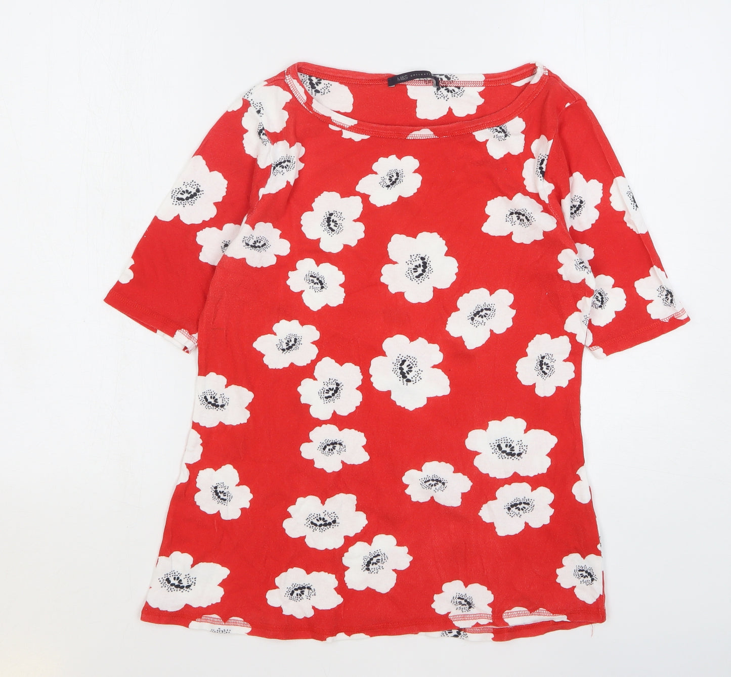 Marks and Spencer Womens Red Floral Cotton Basic T-Shirt Size 12 Round Neck