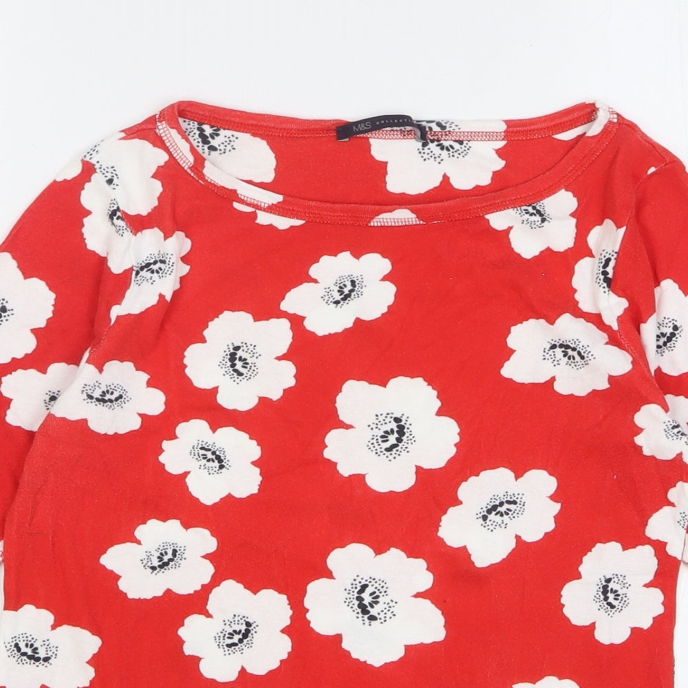 Marks and Spencer Womens Red Floral Cotton Basic T-Shirt Size 12 Round Neck