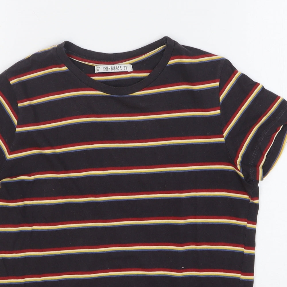 Pull&Bear Womens Multicoloured Striped Cotton Basic T-Shirt Size S Round Neck