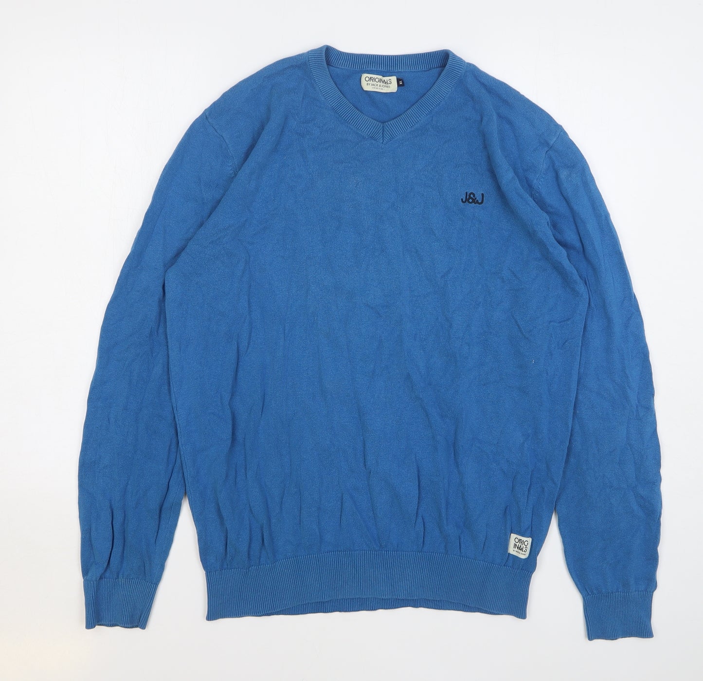 JACK & JONES Mens Blue V-Neck Acrylic Pullover Jumper Size XL