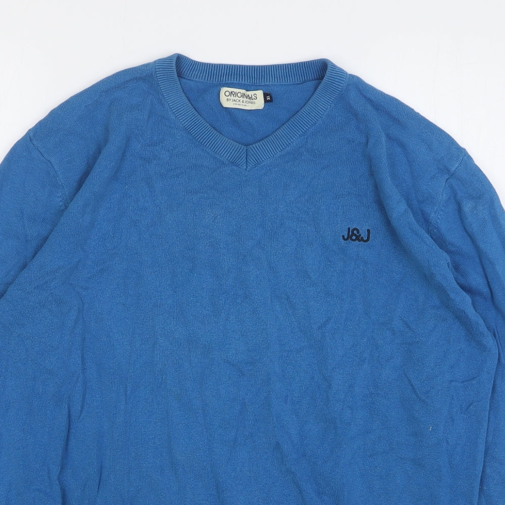 JACK & JONES Mens Blue V-Neck Acrylic Pullover Jumper Size XL