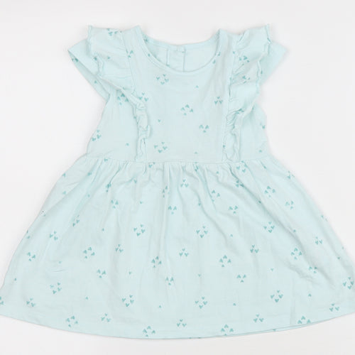 Matalan Girls Blue Geometric Cotton A-Line Size 9-12 Months Round Neck Button - Heart pattern