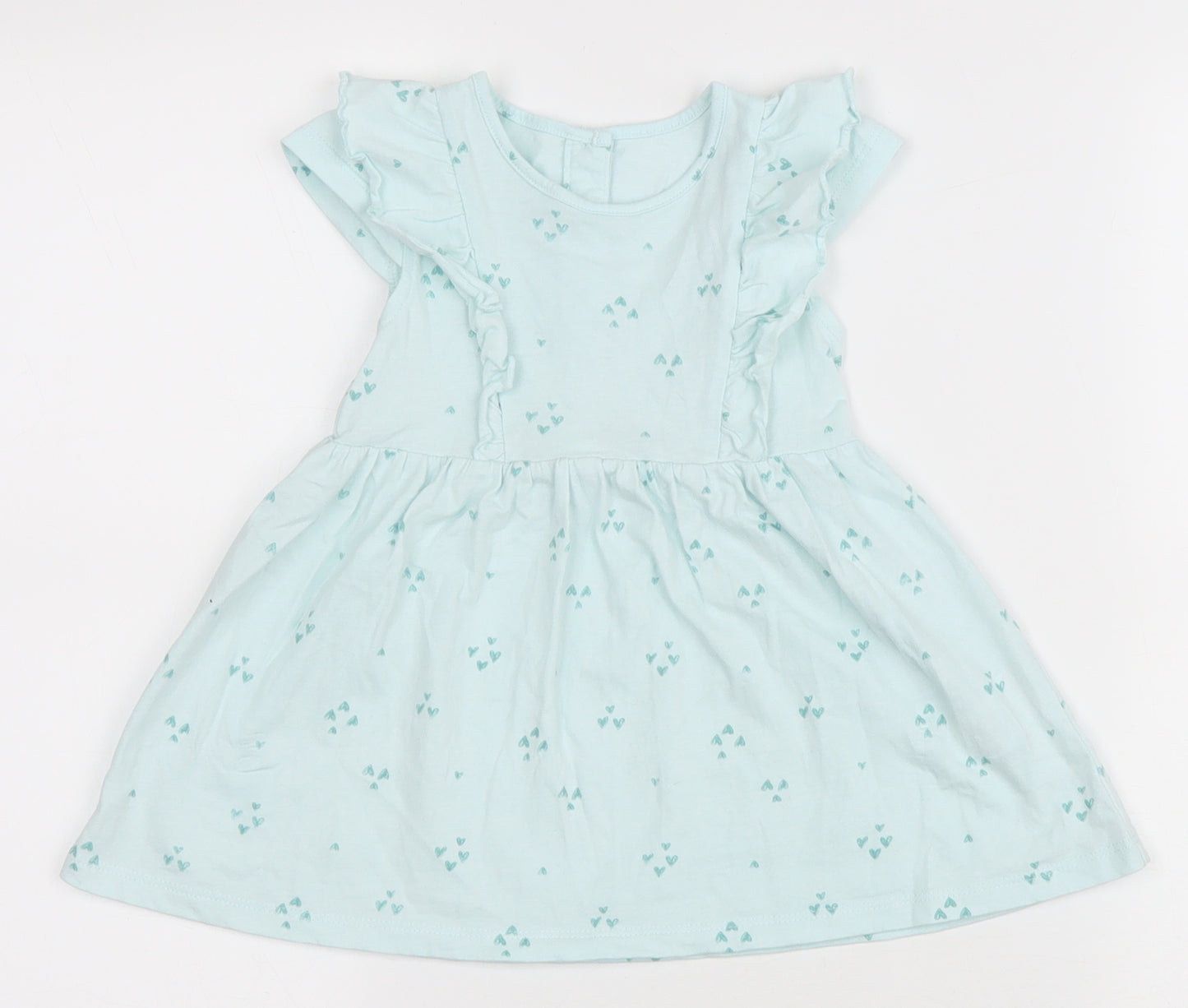 Matalan Girls Blue Geometric Cotton A-Line Size 9-12 Months Round Neck Button - Heart pattern
