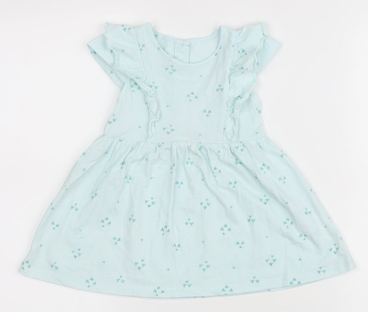 Matalan Girls Blue Geometric Cotton A-Line Size 9-12 Months Round Neck Button - Heart pattern