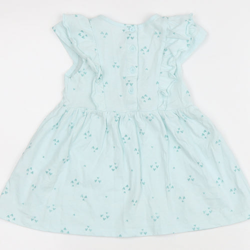 Matalan Girls Blue Geometric Cotton A-Line Size 9-12 Months Round Neck Button - Heart pattern