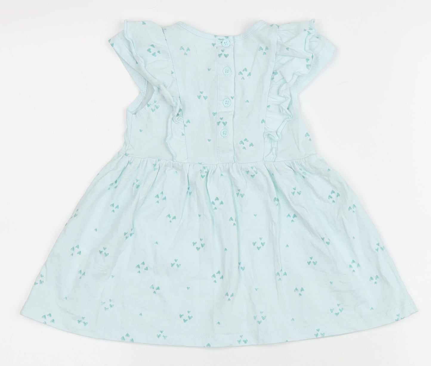 Matalan Girls Blue Geometric Cotton A-Line Size 9-12 Months Round Neck Button - Heart pattern