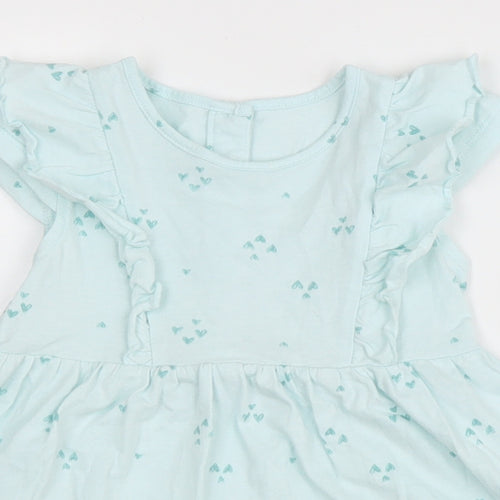 Matalan Girls Blue Geometric Cotton A-Line Size 9-12 Months Round Neck Button - Heart pattern