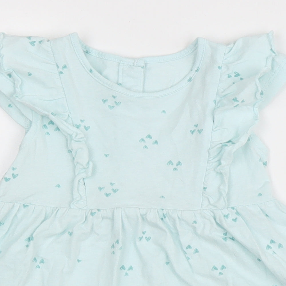 Matalan Girls Blue Geometric Cotton A-Line Size 9-12 Months Round Neck Button - Heart pattern