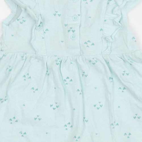 Matalan Girls Blue Geometric Cotton A-Line Size 9-12 Months Round Neck Button - Heart pattern