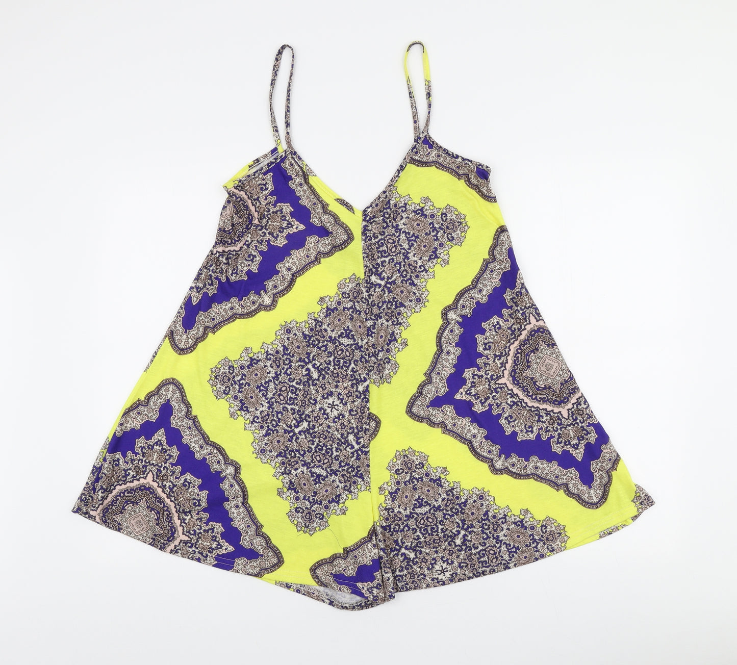 PRETTYLITTLETHING Womens Yellow Paisley Polyester Playsuit One-Piece Size 12 Pullover