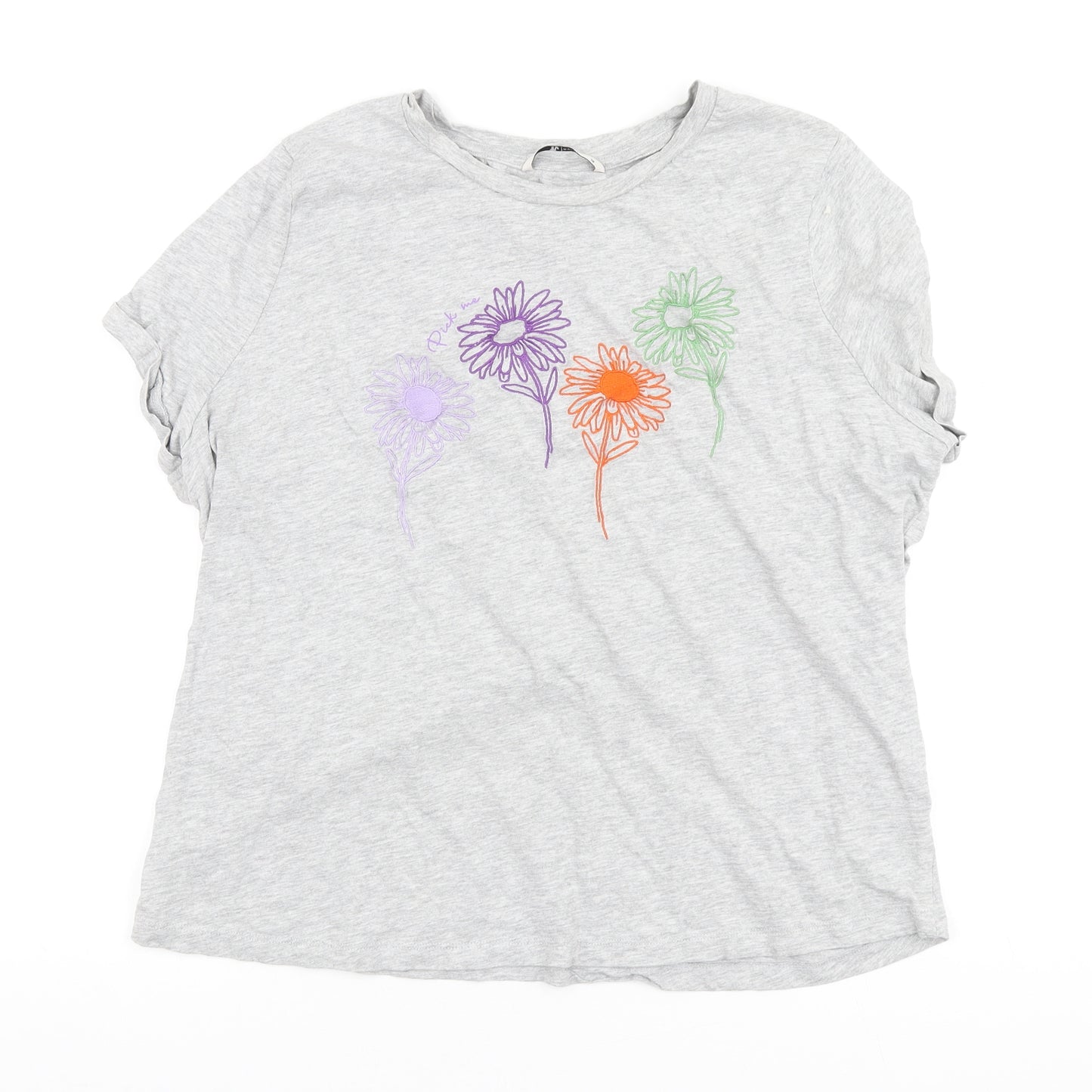 TU Womens Grey Cotton Basic T-Shirt Size 18 Round Neck - Embroidered Flowers