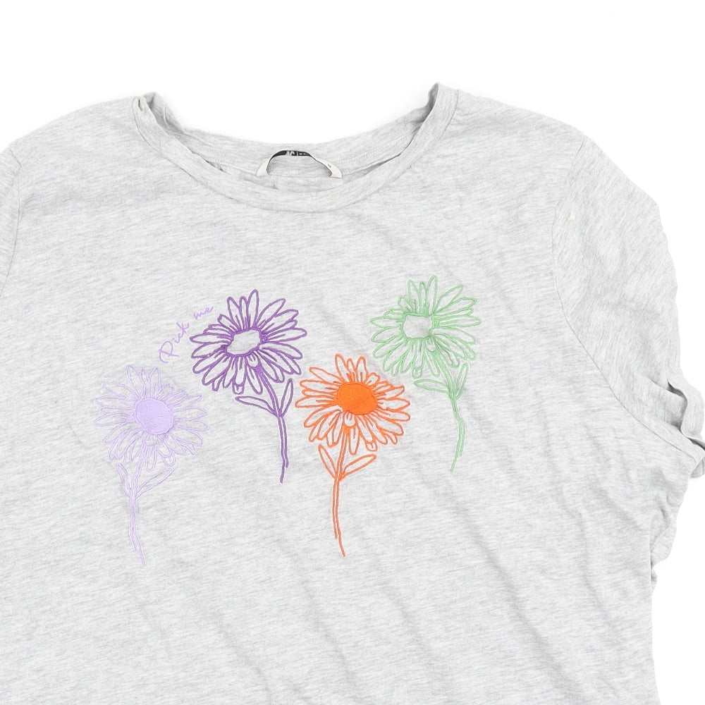 TU Womens Grey Cotton Basic T-Shirt Size 18 Round Neck - Embroidered Flowers