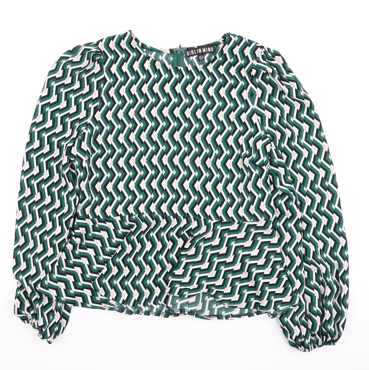 Girl In Mind Womens Green Geometric Polyester Basic Blouse Size 12 Round Neck
