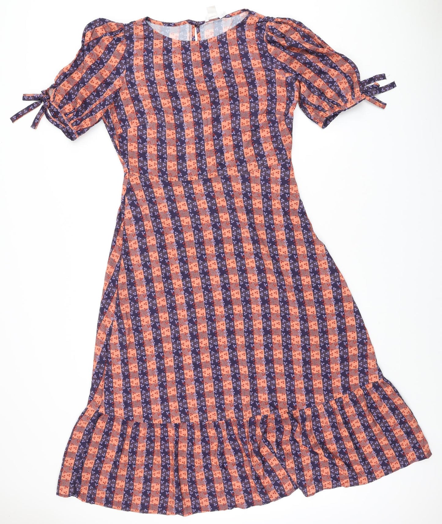 Finery Womens Orange Plaid Viscose A-Line Size 12 Round Neck Button